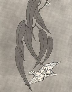 a drawing of two birds flying next to each other on a gray background with black and white lines