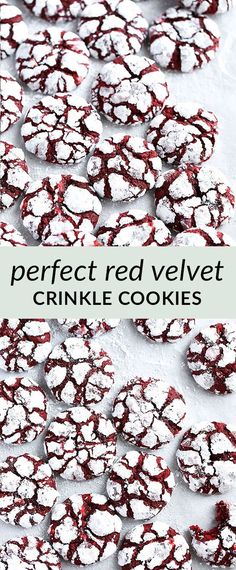 red velvet crinkle cookies with powdered sugar on top and the words, perfect red velvet crinkle cookies