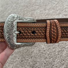 New, Never Worn. Size 34 Womens Western Belts, Brown Concho Belt, Southwestern Hand-tooled Belt Buckle For Western-themed Events, 2.5” Western Belt For Women, Southwestern Brown Belt With Antique Buckle, Western Brown Antique Buckle Belt, Western Belt, Western Belts, Brown Silver