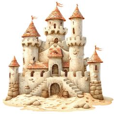 a sand castle with turrets and stairs on the beach, isolated against a white background