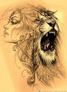 a drawing of a woman with a lion's head on her shoulder and the words ultimate photo mix written below it