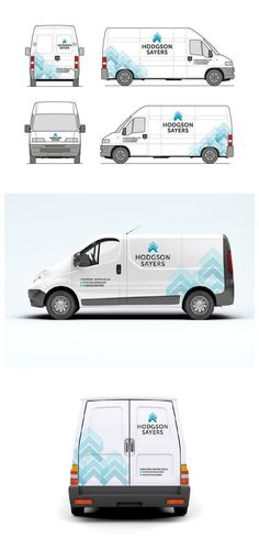 the side and back view of a white van with blue waves on it's sides