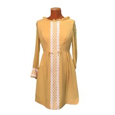 Vintage 1970s Misses Dress Mustard Yellow With White Crochet - Etsy Vintage Spring Dresses With Smocked Cuffs, Spring Vintage Dresses With Smocked Cuffs, Vintage Dresses With Smocked Cuffs For Spring, Vintage Long Sleeve Prairie Dress For Formal Occasions, Vintage Long Sleeve Prairie Dress For Formal Events, Vintage Smocked Fitted Dress, 1970s Long Sleeve Fitted Prairie Dress, 1970s Style Fitted Prairie Dress With Long Sleeves, Fitted Vintage Smock Dress