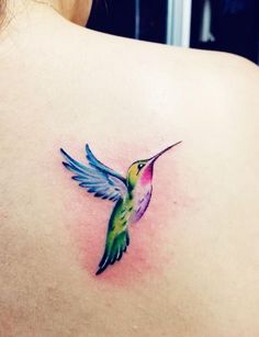 a colorful hummingbird tattoo on the back of a woman's shoulder