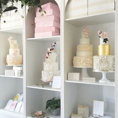 shelves filled with different types of cakes on top of white shelves next to each other