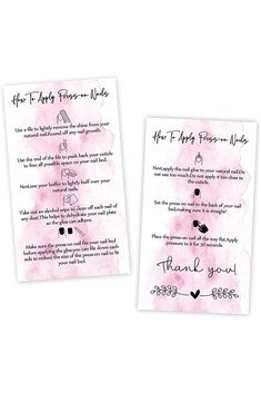 Press-On Nail Application Instructions Cards, Aftercare Instructions Cards, 50 Pack 3.5 x 2inch inch Business Card Size, DIY Press-On Nail Kit, White and Pink Design Nail Application, Accessories Illustration, Fashion Accessories Illustration, Nail Growth, Pink Nail, Business Card Size, Pink Design