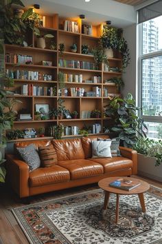 a living room filled with furniture and lots of bookshelves next to a window