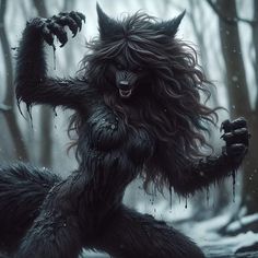 a furry creature with long hair and horns standing in the snow, holding his hands up