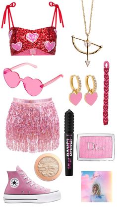 the contents of a barbie doll's pink outfit including sunglasses, necklaces and other accessories