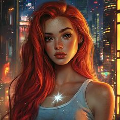 a woman with long red hair standing in front of a cityscape at night