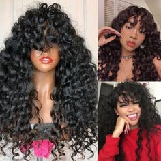 Curly Bangs Wig, Wigs Hairstyle, Bangs For Black Women, Curly Afro Wig, Long Curly Wig, Hairstyle Inspo, Afro Wigs, Remy Human Hair Wigs, 100 Human Hair Wigs