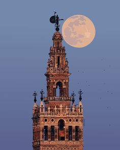 a tall tower with a clock on it's side and a full moon in the background