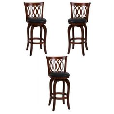 four wooden barstools with black leather seats