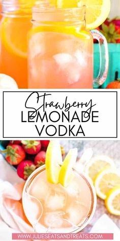 strawberry lemonade vodka in mason jars with strawberries and lemons on the side