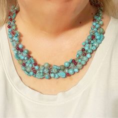 This Crochet Necklace Is Made With Sterling Silver Artisan Wire. Only The Finest Material Are Used. The Beads Are High Quality Faux Turquoise. The Beaded Chain Is 18". The Thickest Part Is 1". Really Beautiful And Unique. This Is One Of My Last Creations To Sell. I Am No Longer Making These Necklaces. These Take A Lot Of Time To Make So My Price Is Firm. From A Pet Free And Smoke Free Home. Elegant Turquoise Wire Wrapped Beaded Necklace, Unique Turquoise Necklaces With Faceted Beads, Elegant Handmade Multicolor Turquoise Necklace, Handmade Turquoise Multi-strand Necklaces, Handmade Multi-strand Turquoise Beaded Necklaces, Turquoise Faceted Bead Necklaces, Blue Turquoise Necklace With Wire Wrapped Round Beads, Blue Turquoise Wire Wrapped Necklace With Round Beads, Artisan Turquoise Beaded Chain Necklace