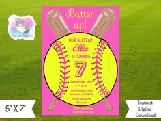 a pink and yellow softball themed birthday party with the number seven on it's back