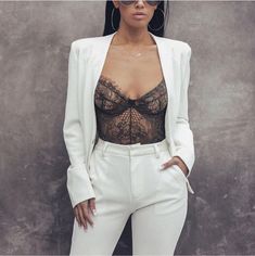 Lacey Lace bodysuit Body Lingerie, Club Outfits For Women, Women Fashion Edgy, Fashion Night, Looks Chic, Going Out Outfits, Lace Bodysuit, Ladies Dress Design, White Outfits