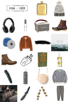 a collage of various items that include shoes, hats, and other things to wear