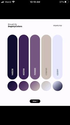 an iphone screen showing the color palettes for different shades of purple and white, with text