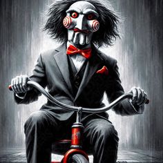 a painting of a clown riding a tricycle with a red bow tie and black suit