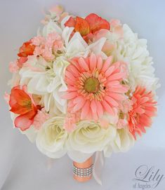 a bridal bouquet with pink and white flowers