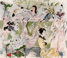 an illustration of women in dresses sitting at a table with flowers and plants on it