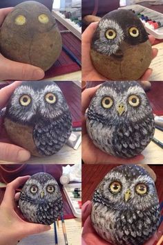 four pictures of an owl made out of rock with paint and pencils on it