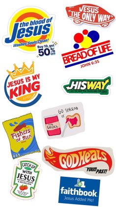 many different stickers are shown on a white background with the words jesus is my king