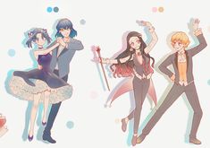 three anime characters are dancing together with one holding an umbrella and the other pointing at something