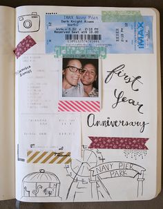 an open book with some pictures and writing on the pages that have been altered to look like they are celebrating their anniversary