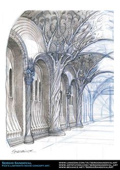 a drawing of a building with arches and trees