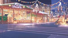 an animated city street with christmas lights on the buildings and decorations hanging from it's sides