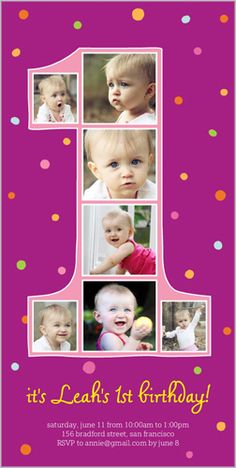 a pink birthday card with polka dots and the number one, it's leaf's 1st birthday