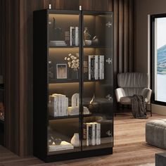 a living room filled with furniture and a book case on top of a hard wood floor