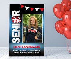 a graduation card with red balloons in the air and a photo on it that says, senior lily last name class of 2013