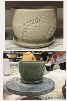 two pictures showing the different stages of making vases with ceramic flowers and leaves on them