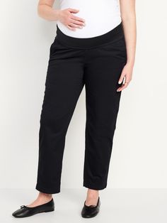 rollover waistband faux fly diagonal pockets at front patch pockets at back versatile panel rolls up or down for added support relaxed through hip and thigh straight leg model is approximately 5'9" and wears a size M (8) Leg Model, Old Navy Maternity, Maternity Pants, Womens Maternity, Old Navy Women, Chino Pants, Jack Black, Bottom Clothes, Chinos Pants