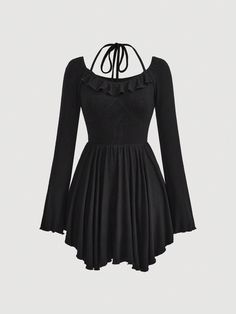 Ruffle Trim Tie Back Flounce Sleeve Dress Black Casual  Long Sleeve Knitted Fabric Plain A Line High Stretch  Women Clothing, size features are:Bust: ,Length: ,Sleeve Length: Gothic Oc, Cider Outfits, Flounce Sleeve Dress, Square Dress, Dress With Bell Sleeves, Flounce Sleeve, Patchwork Dress, Dress For Short Women, Fancy Outfits