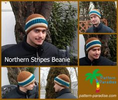 three pictures of a man wearing a knitted hat