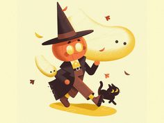 a cartoon character dressed as a witch with a black cat and pumpkin on the ground