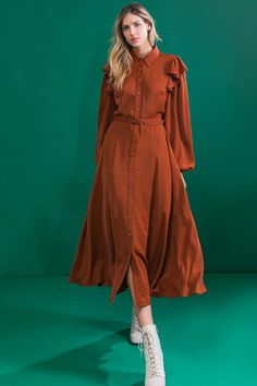 Ruffle Midi Dress, Ruffled Sleeves, Vintage Inspired Design, Button Down Dress, Button Dress, Shirt Collar, Full Skirt, Classic Shirt, Jumpsuit Dress