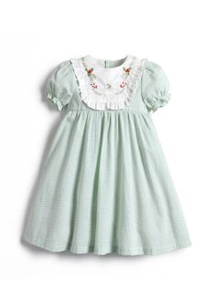 Girls Christmas embroidery gingham dress Playful Cotton Dress With Smocked Bodice, Spring Gingham Dresses With Smocked Cuffs, Gingham Cotton Smocked Dress With Short Sleeves, Cotton Dress With Smocked Back For Playdate, Spring Cotton Smocked Dress For Playtime, Playful Cotton Smocked Playtime Dress, Green Cotton Smocked Short Sleeve Dress, Green Cotton Smocked Dress With Short Sleeves, Spring Dresses With Embroidered Peter Pan Collar