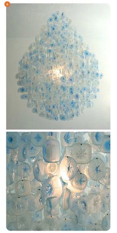 two pictures of blue and white blown glass chandeliers hanging from the ceiling, one in front of the other