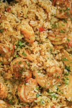 rice with shrimp and parsley in a skillet ready to be eaten for dinner