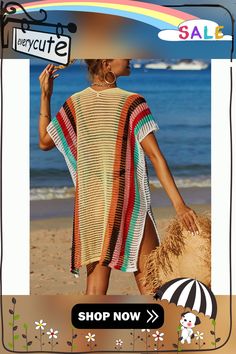 Yellow Hollow-out Rainbow Kimono Knit Beachwear Casual V-neck Sweater For Beach, Bohemian Knit Cover-up For Beach Season, Spring Knit Cover-up For Warm Weather, Bohemian V-neck Summer Sweater, Casual Multicolor V-neck Cover-up, Multicolor Cover-up For Vacation Day Out, White V-neck Sweater For Beach, Striped Knit Tops For Vacation, Striped Open Knit Summer Tops