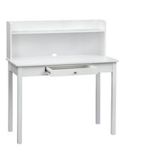 a white desk with an open drawer on the top and one drawer at the bottom