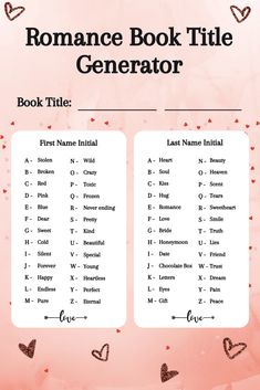 a book title generator with hearts in the middle and two rows on each page,