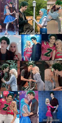 many different pictures of people dressed in costumes and posing for the same photo, one is kissing