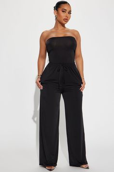 Available In Black, Blue, And Taupe. Jumpsuit Tube Drawstring Waist Pockets Wide Leg Stretch Disclaimer: To Keep The Aesthetic Of This Garment, Please Follow The Care Instructions Carefully. 94% Polyester 6% Spandex Imported | Vicki Jumpsuit in Black size 2X by Fashion Nova Professional Outfits Women, Leg Stretching, Jumpsuit Fashion, Curve Dresses, Black Jumpsuit, Professional Outfits, Matching Dresses, Active Wear For Women, Jumpsuits For Women