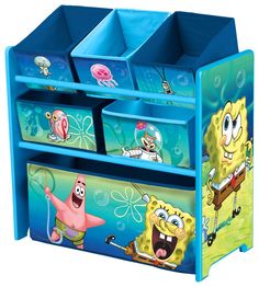 the spongebob toy chest has three bins and two shelves with cartoon characters on it